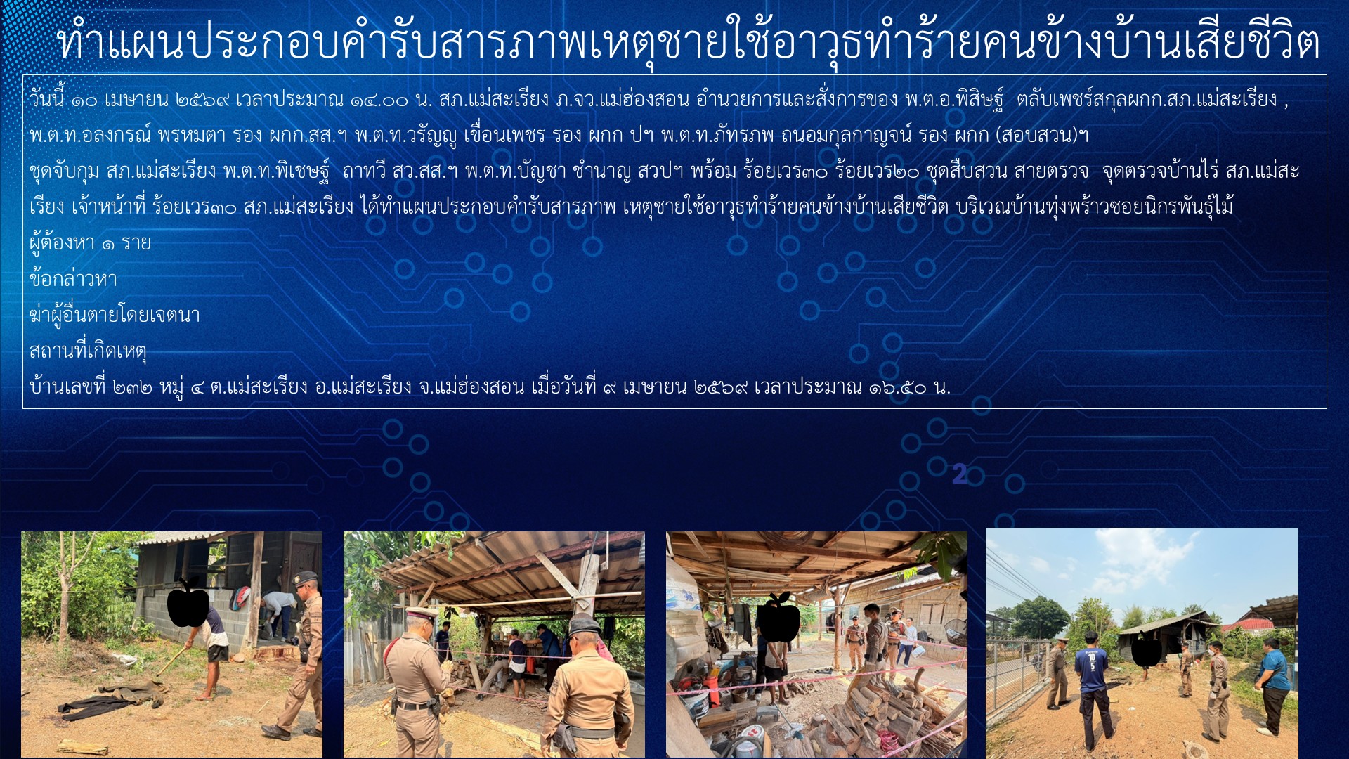 ทำแผนประกอบคำรับสารภาพเหตุชายใช้อาวุธทำร้ายคนข้างบ้านเสียชีวิต