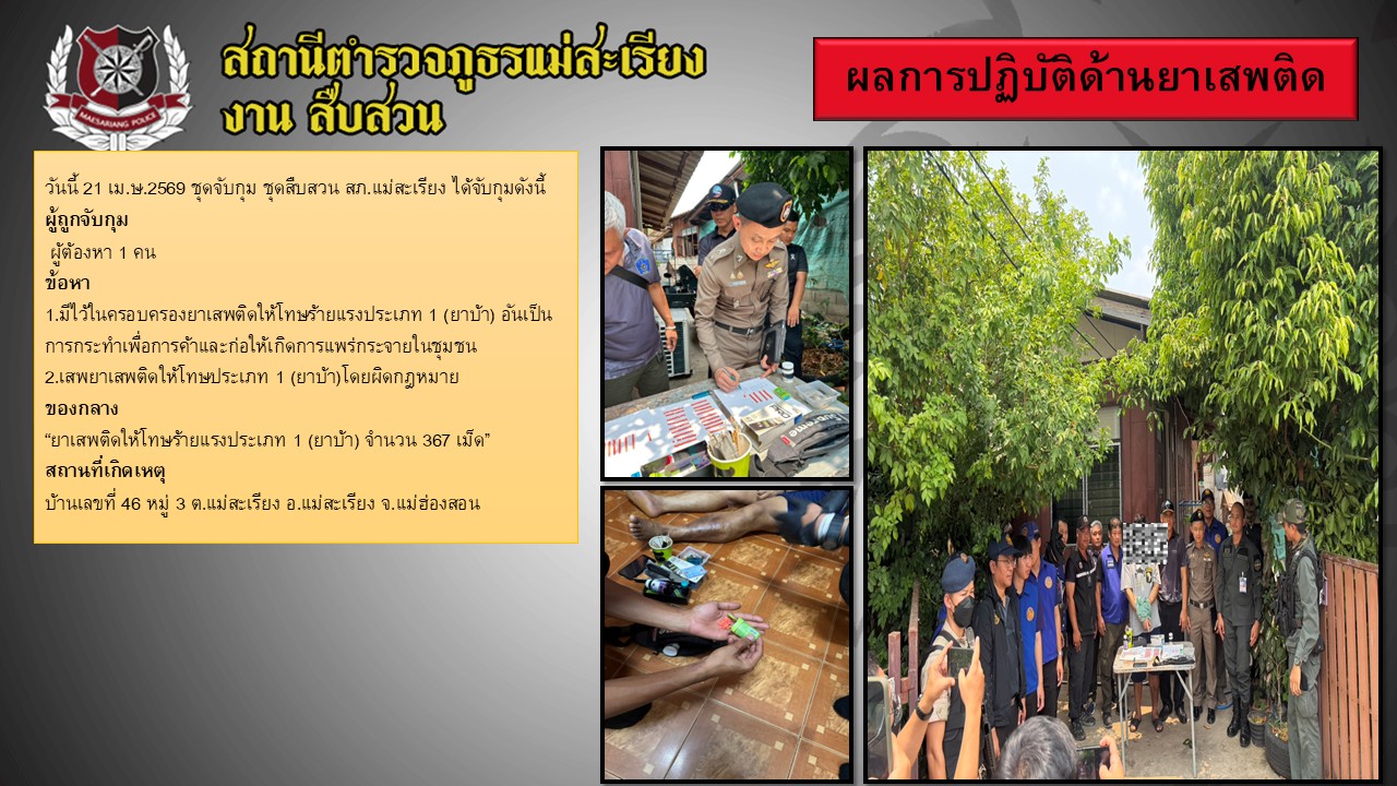 21 เม.ย. 2569  จับกุมยาเสพติด