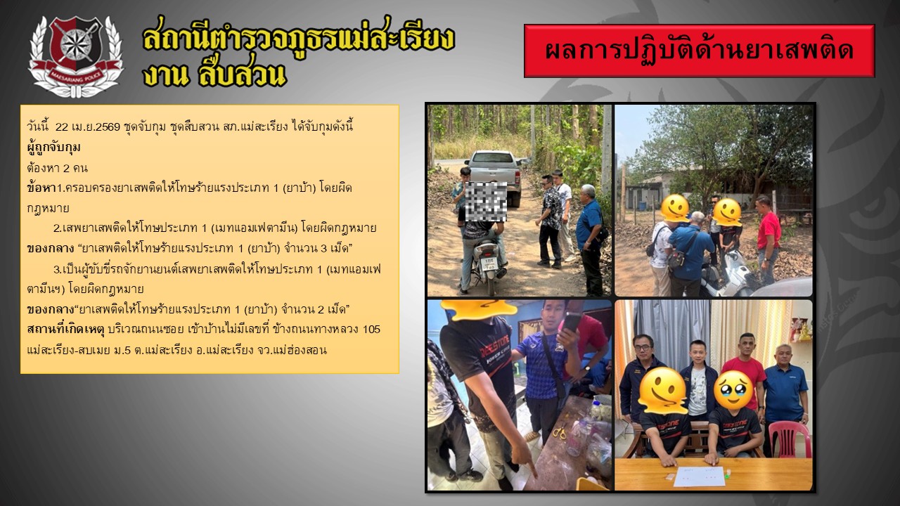 22 เม.ย. 2569  จับกุมยาเสพติด