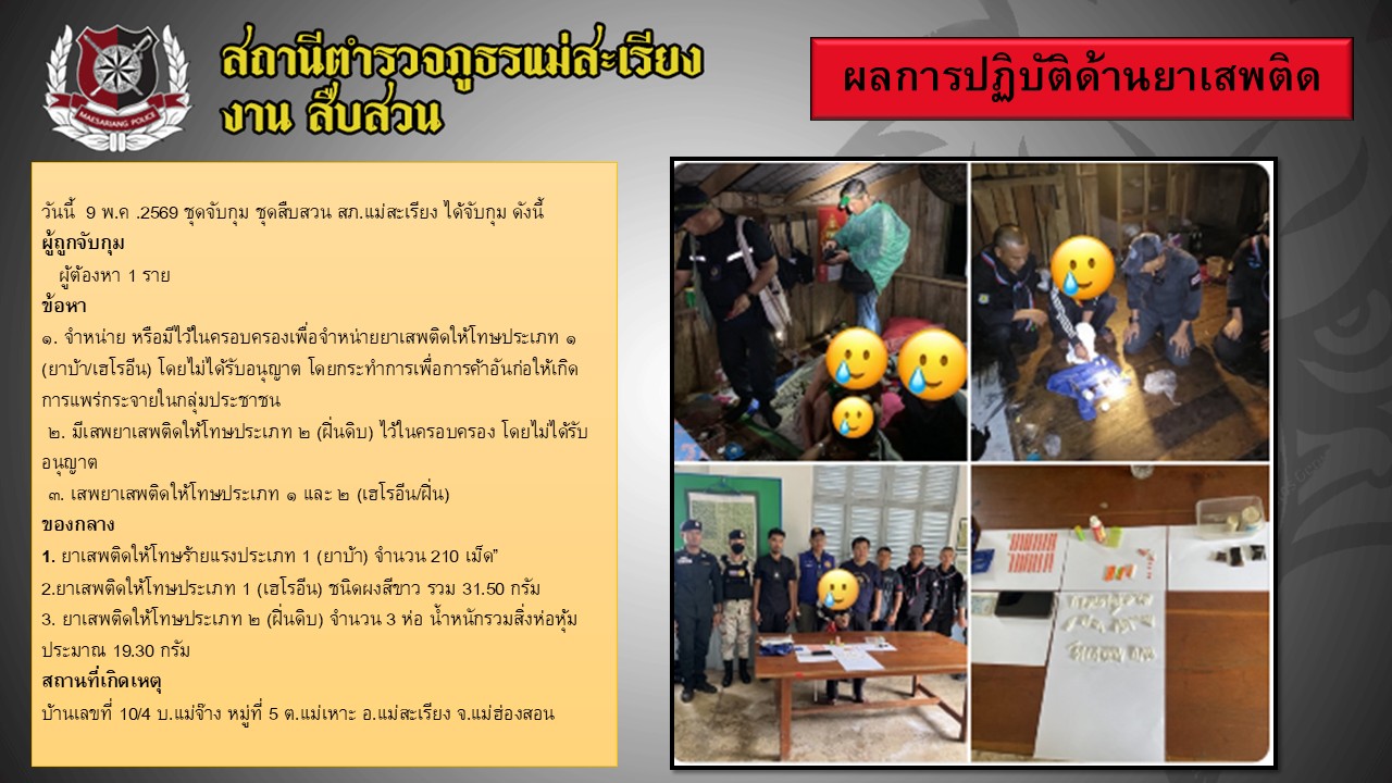 วันที่ 9 พฤษภาคม 2569 จับกุมผู้ต้องหาในคดียาเสพติด