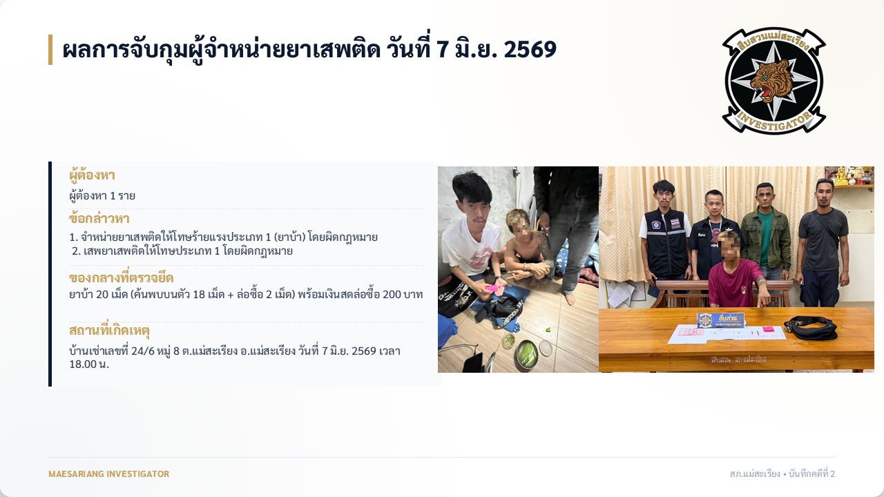ผลการจับกุมผู้จำหน่ายยาเสพติด วันที่ 7 มิ.ย. 2569